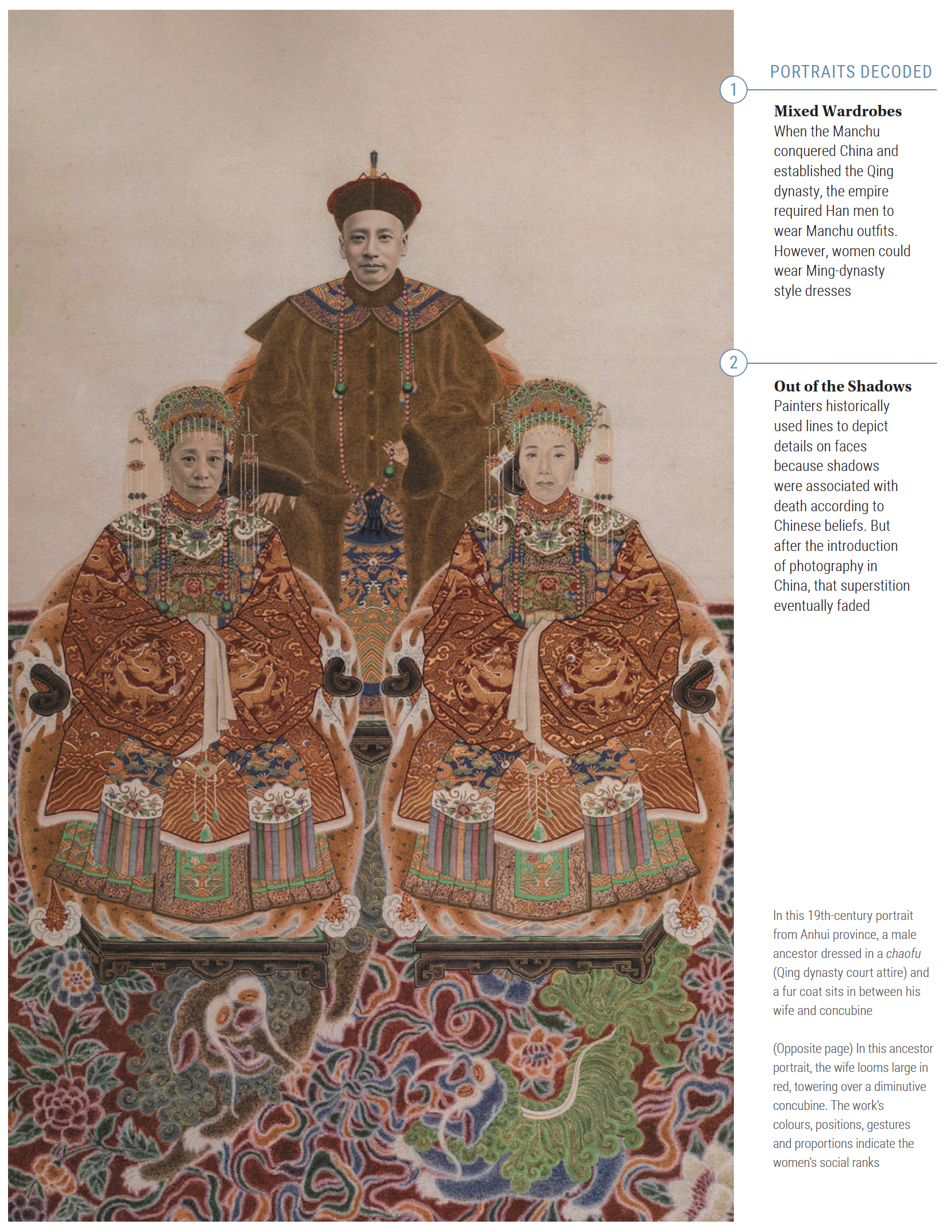 A male ancestor dressed in a chaofu (Qing dynasty court attire) and a fur coat sits in between his wife and concubine