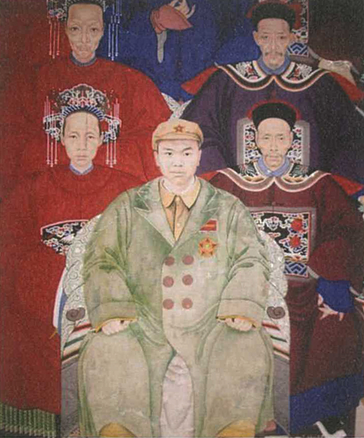 The man in the centre of this ancestor portrait fought in the Korean War, based on his honorary badge.