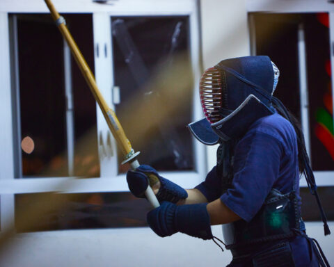 A student geared up with the Bōgu (armour), and kendōgu (kendo equipment) mid-practice