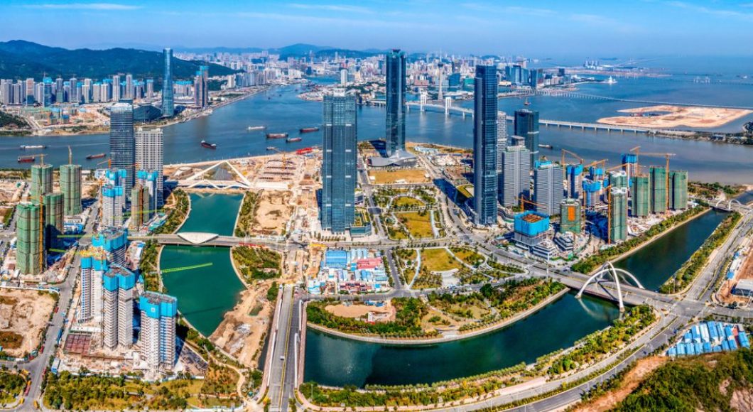 An aerial view of Hengqin Island's financial and business district