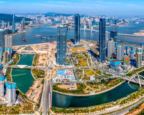 An aerial view of Hengqin Island's financial and business district