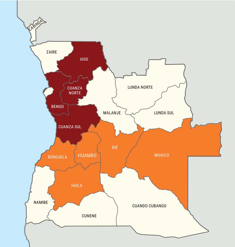 Map of coffee production areas in Angola