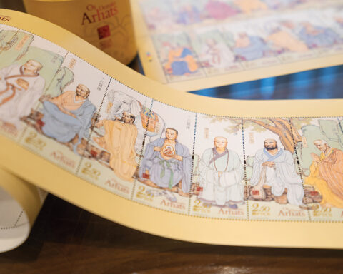 A set of 18 stamps featuring the Eighteen Arhats