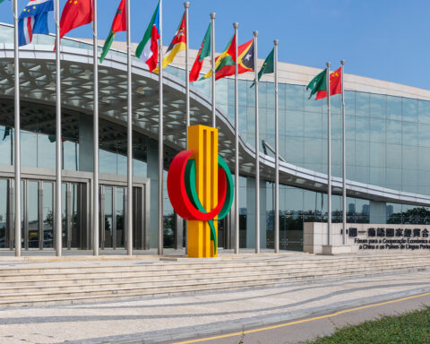 The flags of every member nation, along with the Chinese and MSAR flags, mark the Forum Macao complex
