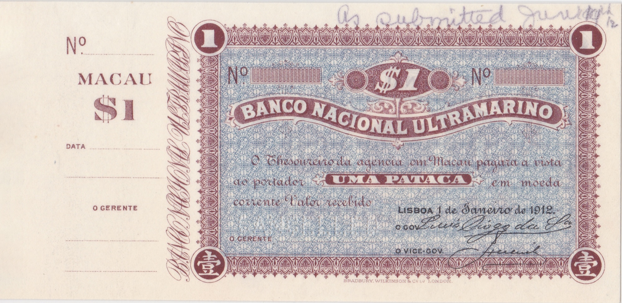 This one pataca banknote was issued by BNU in 1912