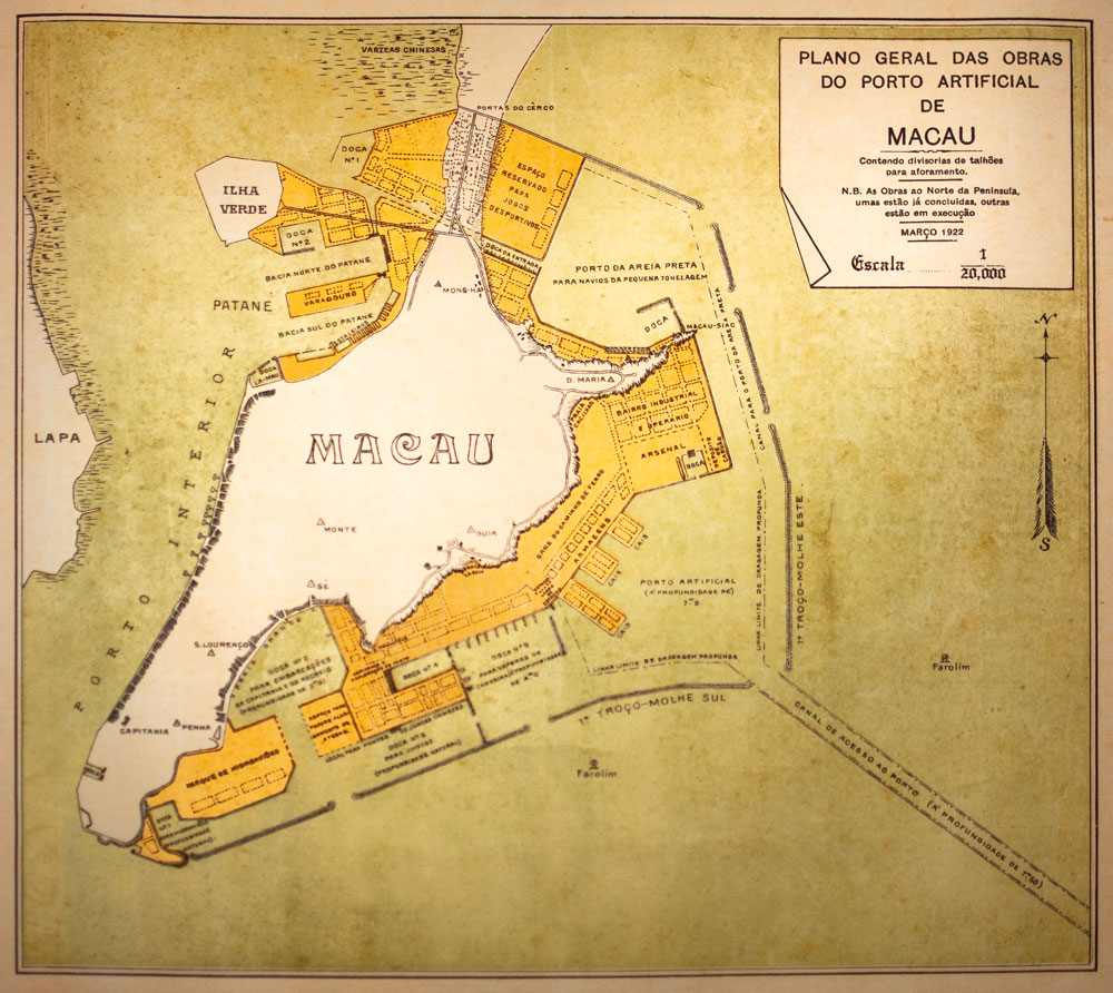 A map from the 1920s showing plans for land reclamation projects (in yellow) that would take place over the next 80 years
