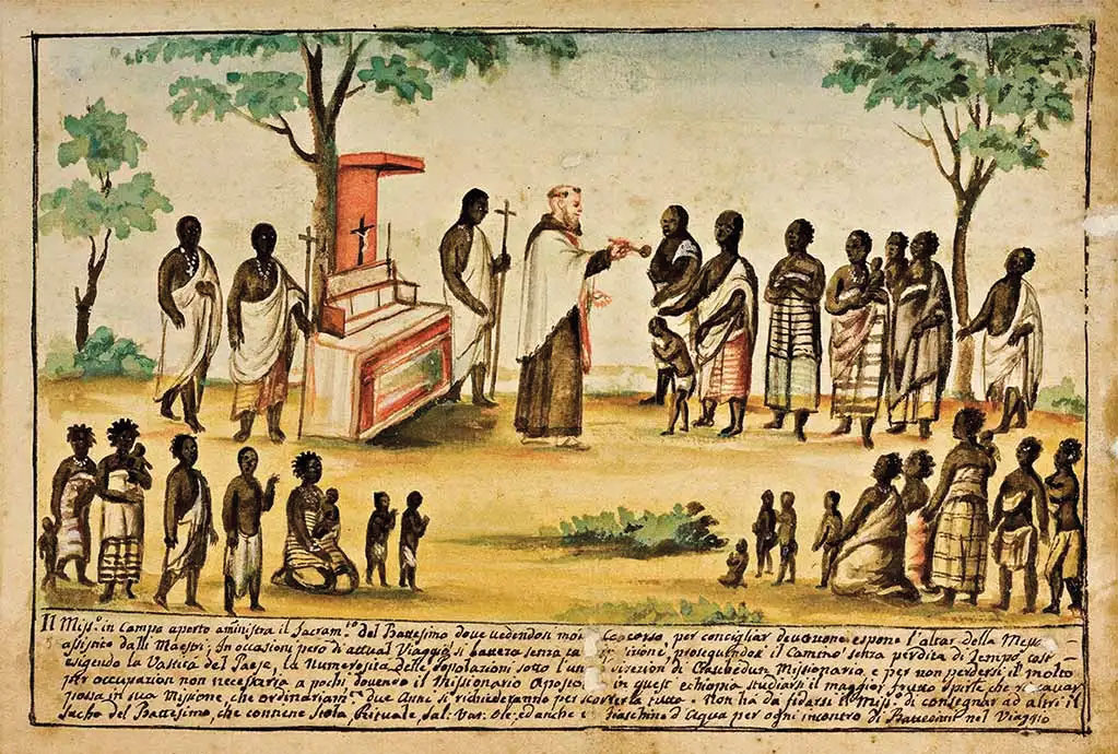 Capuchin missionaries baptising the people of Mbanza Kongo (1750)