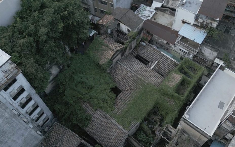 An aerial view shows how the once-proud Chio Family Mansion expanded over time