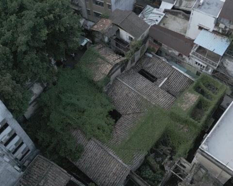 An aerial view shows how the once-proud Chio Family Mansion expanded over time