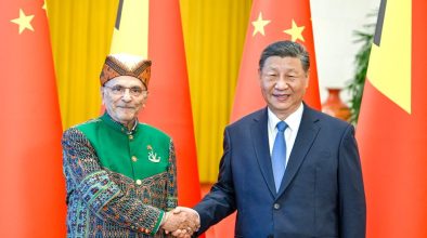 Chinese President Xi Jinping shakes hands with his Timorese President counterpart, José Ramos-Horta, during the latter’s visit to Beijing in July