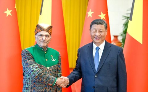 Chinese President Xi Jinping shakes hands with his Timorese President counterpart, José Ramos-Horta, during the latter’s visit to Beijing in July