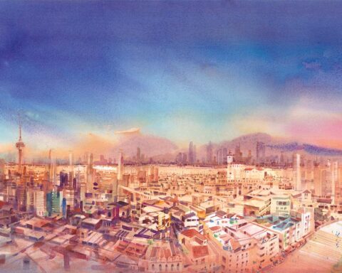 Titled Shared Prosperity Across the Coastline, this watercolour by Lam Chi Ian featured in a postage stamp this year and is a highlight of Sands Gallery’s exhibition