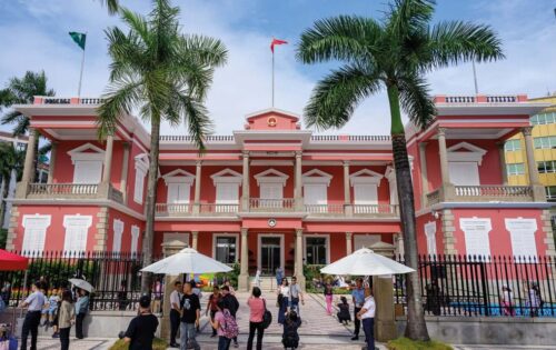 The distinctive pink stucture was built in the Pombaline architectural style, which became popular after 1755