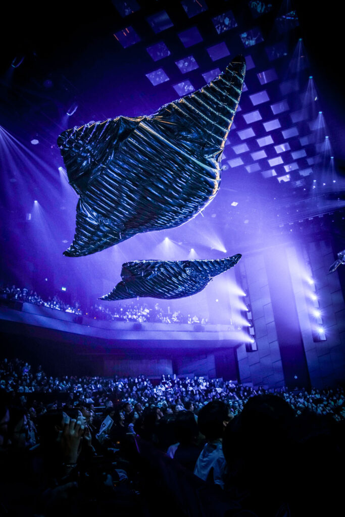 Metallic manta rays swoop above audiences attending Zhang Yimou’s first Greater Bay Area residency show, Macau 2049