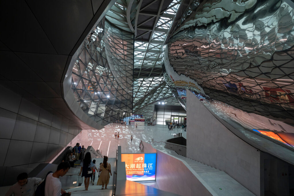 MOCAPE features a sprawling steel and glass ceiling, and lots of reflective surfaces