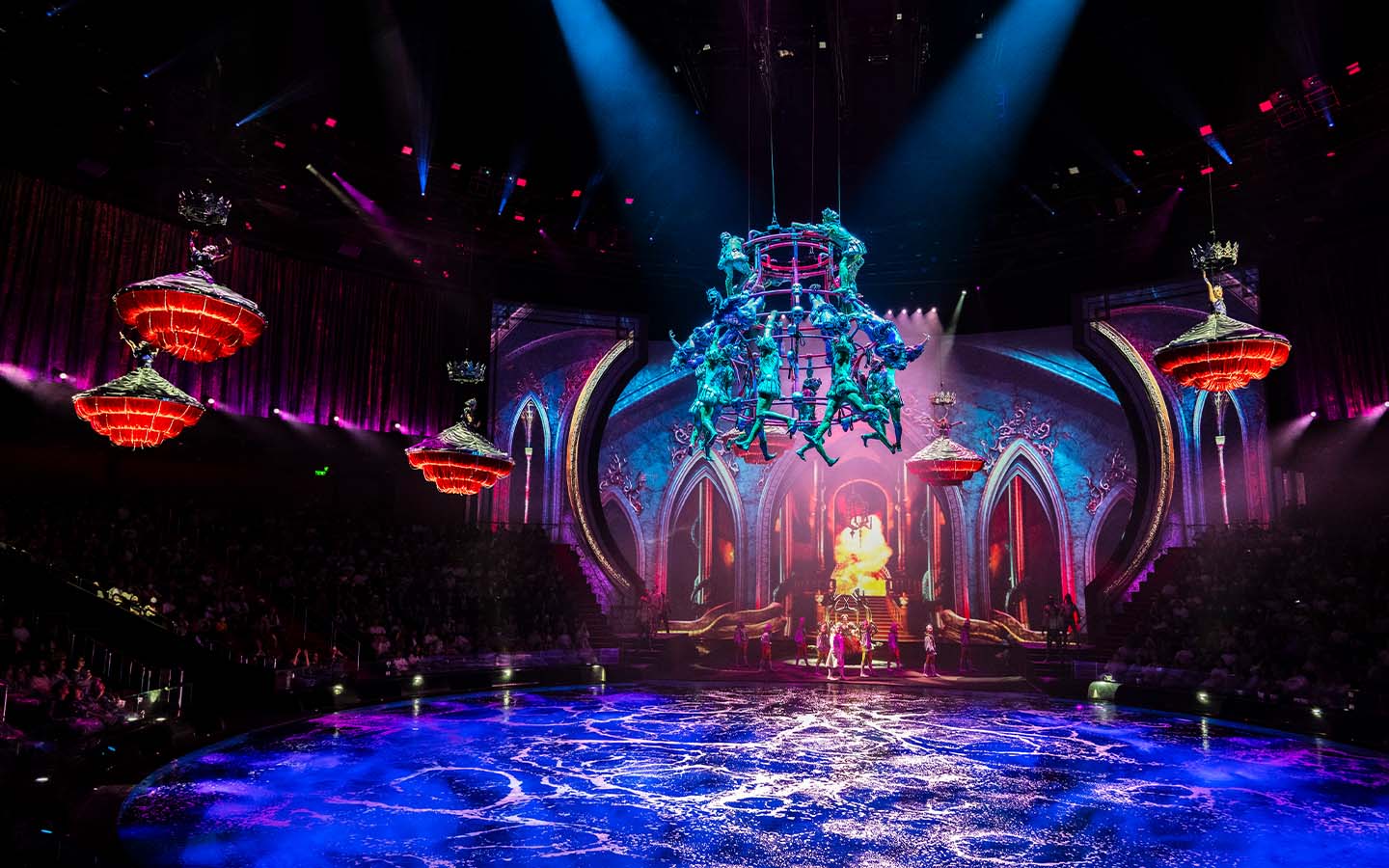 One of the visually rich show’s most riveting scenes involves a set piece called the Human Chandelier