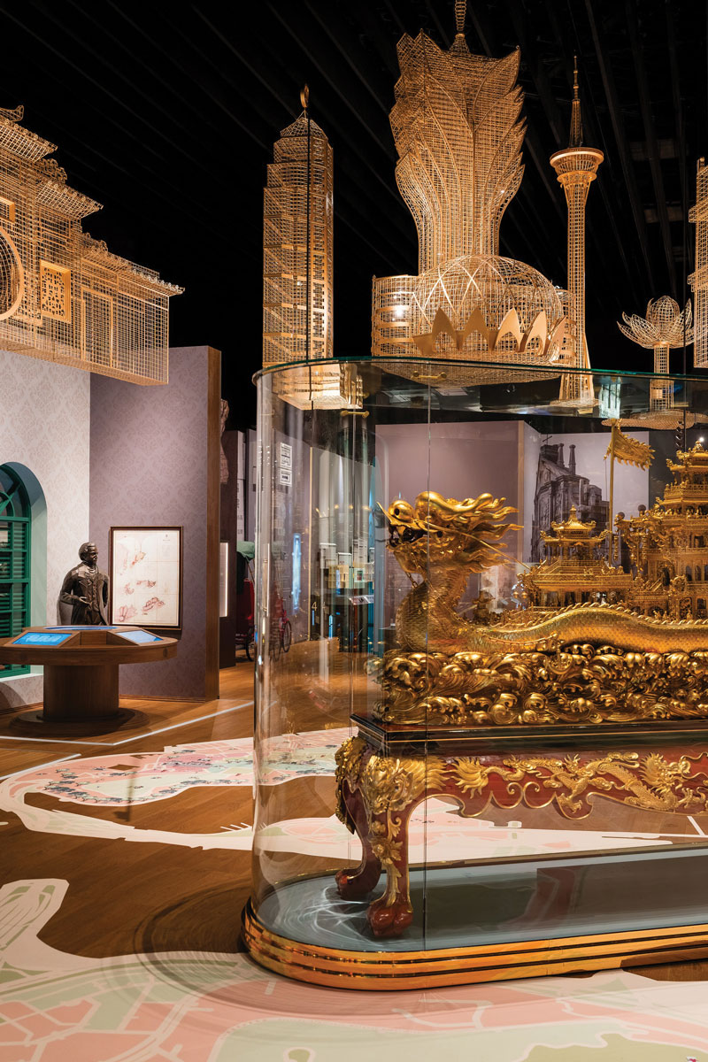 A striking sculptural rendition of Macao’s skyline hangs above visitors’ heads