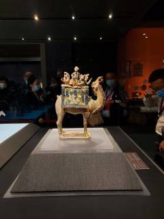 This camel figurine – carrying seven musicians – is an example of Tang Dynasty tri-colour glazed ceramics. It is on display at the Shaanxi History Museum and it dates back to between 618 and 907.