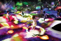 The TeamLab exhibition. Multi Jumping Universe section offers visitors an interactive experience under the stars. You can jump or with other visitors as new stars are born when the installation surface becomes distorted