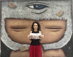 Book author Filipa Simões stands next to artwork by Alex Face [Thailand], 2017, 54 Travessa de Francisco António